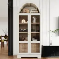 OKWISH Mobile contenitore multifunzionale con ante in vetro e 2 cassetti, vetrina con ripiani regolabili, ampio spazio di stoccaggio, mobiletto da cucina, bianco