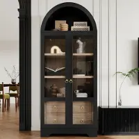 OKWISH Mobile multifunzionale con ante in vetro e 2 cassetti, vetrina con ripiani regolabili, ampio spazio di stoccaggio, mobiletto da cucina, colore nero