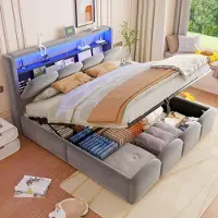 MODFU Letto a castello per giovani, 140x200, matrimoniale con spazio contenitore e testiera con ripiano, letto multifunzionale con LED, letto imbottito idraulico in velluto, grigio (senza materasso)
