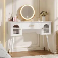 MODFU Tavolino da trucco con specchio a LED, tavolo da trucco bianco, mobiletto cosmetico con 1 cassetto e 2 ante, dimensioni 100x42x112 cm