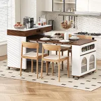 Flieks Tavolo allungabile con prese elettriche integrate, vetro smerigliato, bancone con un cassetto, tavolo da cucina 50,5-187,5x110,5x95,5 cm, bianco e noce