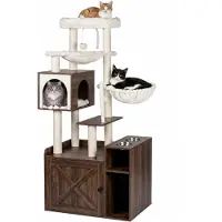 Relaxdays , tiragraffi per gatti con armadietto per la lettiera e dispenser per cibo, dimensioni 144x71x45,5 cm, pali in sisal e cuccia, aspetto legno, colore marrone