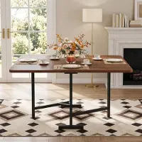 OKWISH Tavolo da pranzo moderno con piano allungabile, stile minimalista, tavolo da cucina con struttura in metallo, design compatto, in legno di noce