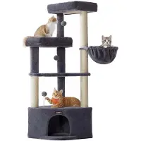 BellaFurn Albero per gatti con tiragraffi, casetta per gatti, sisal, grigio, 3 aree gioco, 48,5 x 48,5 x 140,7 cm