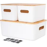 Sonstiges Set di 3 contenitori con coperchio in bambù, colore bianco, in plastica impilabile, con maniglie, capacità: 6,5L + 13L