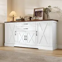 Merax Mobiletto laterale , pensile da cucina con piano di lavoro, credenza con 4 ante e 2 cassetti, mobiletto contenitore, adatto per soggiorno o sala da pranzo, colore bianco