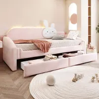 MODFU Letto a castello 90x200 per bambini, con schienale decorato con conigli, divano letto con illuminazione LED, due cassetti e bordi laterali, senza materasso, colore rosa