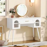 Flieks Comò da trucco con specchio, specchio da trucco con rivestimento in pelle, comò da trucco con cassetti e pensili laterali, tavolino da trucco 100x42x112 cm, bianco