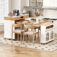 Flieks Tavolo allungabile con prese elettriche e piano in vetro, tavolo da bar con un cassetto, tavolo da cucina 50,5-187,5x110,5x95,5 cm, bianco e naturale