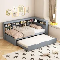 MODFU Letto a giorno 90 x 200 con letto estraibile 90 x 190, divano letto con porta USB, struttura letto per ragazzi con spazio contenitivo, senza materasso, colore grigio