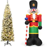Costway Albero artificiale di Natale 225cm e soldatino schiaccianoci gonfiabile 2,4 m, Abete innevato illuminato con luci e decorazione natalizia
