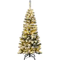 Costway Albero artificiale di Natale, Abete innevato illuminato con luci LED aghi in PVC base pieghevole di metallo 135cm