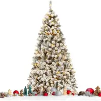 Costway Albero di Natale 180 cm in PVC 600 rami, Abete artificiale innevato illuminato con solida base di metallo, Bianco