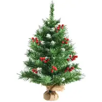 Costway Albero di Natale 60cm per scrivania con 76 rami in PVC e base, Albero di Natale realistico con bacche rosse