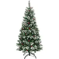 Costway Albero di Natale 180 cm innevato e non illuminato, Abete artificiale con bacche rosse