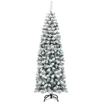 Costway Albero di Natale slanciato 180 cm, Abete artificiale innevato con base flessibile e foglie spesse