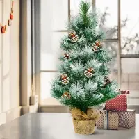 Costway Albero di Natale innevato 60 cm, Albero di Natale artificiale con base stabile in cemento e lino