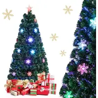 Costway 150cm Albero di natale artificiale in fibra ottica con 170 rami, 24 luci LED fiocchi di neve e stella