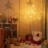 Costway Albero artificiale illuminato con rami di betulla, Albero di Natale bianco con luci LED calde e bianche 150cm