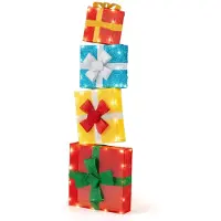 Costway Set di 4 scatole natalizie illuminate con 4 fascette 2 picchetti a forma di L e luce bianca calda, Scatole regalo di natale a LED