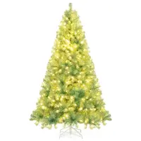 Costway Albero di natale preilluminato alto 225 cm con 1300 rami folti, Albero artificiale di 550 luci LED bianco caldo Verde