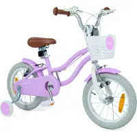 Costway Bicicletta per bambini con doppio sistema di freno manubrio e sella regolabili cestino e telaio in metallo, Bici con stabilizzatori Viola 14 Pollici