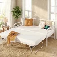 Costway Divano letto singolo con luci LED e stazione di ricarica e struttura in metallo, Contenitore estraibile con doghe resistenti per soggiorno e camera da letto Bianco
