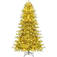 Costway Albero di natale pre-illuminato con 370 luci LED bianco caldo in metallo pieghevole, 210 cm albero di natale artificiale Verde