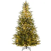 Costway Albero di 210 cm natale artificiale pre-illuminato con luci led calde e multicolori, Albero base metallica pieghevole