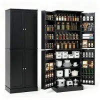 Costway Credenza da cucina alta con 4 ante 8 scomparti 16 portaspezie con tubi anticaduta, Armadio multiuso per bagno e sala da pranzo