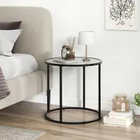 Costway Tavolino rotondo da 50 cm con struttura in metallo e piano in vetro effetto marmo, Tavolino laterale in vetro Bianco e Nero
