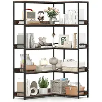Costway Libreria ad angolo a 5 ripiani a forma di L con struttura in metallo, Scaffale espositivo aperto industriale Marrone