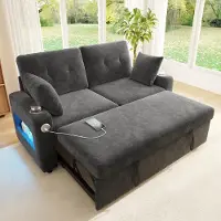MODFU Divano letto 2 posti , divano estensibile relax con illuminazione LED, porta USB/Type-C e spazio contenitore nelle braccioli, tessuto chenille, grigio, 141,5 x 131 x 83,5 cm