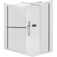 CERANO Pannello doccia angolare Walk-in Onyx T, destro/sinistro - 8 mm - profilo squadrato + ripiano/portasciugamani - nero opaco, vetro satinato - 110x40x200 cm