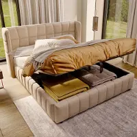 LVHOM Letto imbottito 180x200 cm con spazio contenitore idraulico, letto con testiera imbottita, letto matrimoniale in lino per camerette, color beige