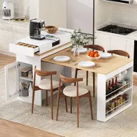 Flieks Tavolo allungabile con rotelle, piano pieghevole, tavolo da bar con prese elettriche e ganci, tavolo da cucina per cucina e sala da pranzo, bianco