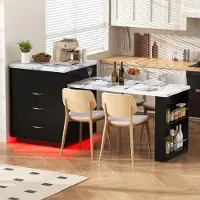 Flieks Tavolo da pranzo estendibile con illuminazione LED, dotato di rotelle, tavolo da cucina con prese elettriche, tavolo da bar 125,5-187,5x71x93 cm, colore nero