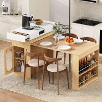 Flieks Tavolo allungabile con ruote, piano pieghevole, tavolo da bar con prese elettriche e ganci, tavolo da cucina per cucina e sala da pranzo, stile naturale
