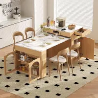 Flieks Tavolo allungabile con prese elettriche e piano in vetro, tavolo da bar con due cassetti, tavolo da cucina 55-153x80x93 cm, finitura naturale