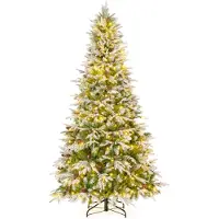 Costway Albero di Natale artificiale pre-luminoso 225cm con rami articolati e 1135 punte, Albero di Natale foderato di neve