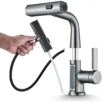 ARI Miscelatore per lavabo Atomic, colore antracite, con doccetta estraibile, indicatore di temperatura, 3 tipi di getto, rotazione a 360°, altezza regolabile