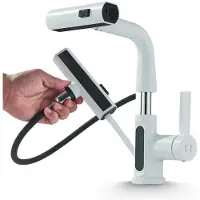 ARI Miscelatore per lavabo da incasso Atomic, bianco, in acciaio inossidabile, con doccetta estraibile, indicatore di temperatura, 3 getti, rotazione a 360°, altezza regolabile