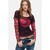 Desigual , Maglietta stampata a maniche lunghe, Donna, Poliestere, Rosso, M