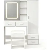 Zelurxx Tavolino da trucco LED con specchio scorrevole, 3 tonalità di luce, 4 cassetti, ampio spazio di stoccaggio, include sgabello, larghezza 654 mm, bianco