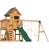 Axi Jack Casetta per bambini in legno con 2 altalene, scivolo verde / Parco giochi all'aperto, recinto con sabbia, trapezio / parete di arrampicata | Giochi in legno per esterni