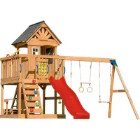 Axi Jack Casetta per bambini in legno con 2 altalene, scivolo rosso / Parco giochi all'aperto, recinto con sabbia, trapezio / parete di arrampicata | Giochi in legno per esterni