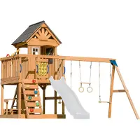 Axi Jack Casetta per bambini in legno con 2 altalene, scivolo bianco / Parco giochi all'aperto, recinto con sabbia, trapezio / parete di arrampicata | Giochi in legno per esterni