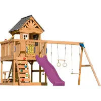Axi Jack Casetta per bambini in legno con 2 altalene, scivolo viola / Parco giochi all'aperto, recinto con sabbia, trapezio / parete di arrampicata | Giochi in legno per esterni