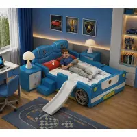 Xl Moebel Gmbh Letto a forma di automobile blu con scaletta e scivolo, adatto a bambini e bambine