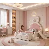 Xl Moebel Gmbh Letto per bambini rosa chiaro con scivolo e scaletta, decorato con coniglietti, ideale per bambine